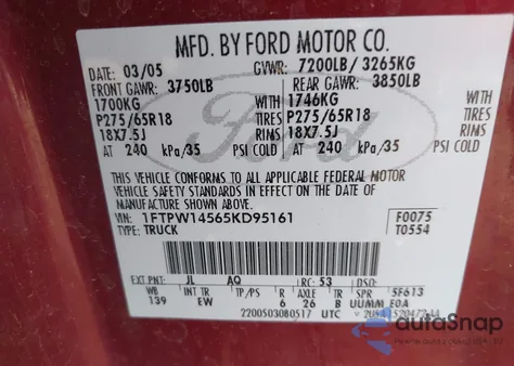 2005 Ford F-150 Fx4/Lariat/Xlt z USA, uszkodzony, nr VIN 1FTPW14565KD95161